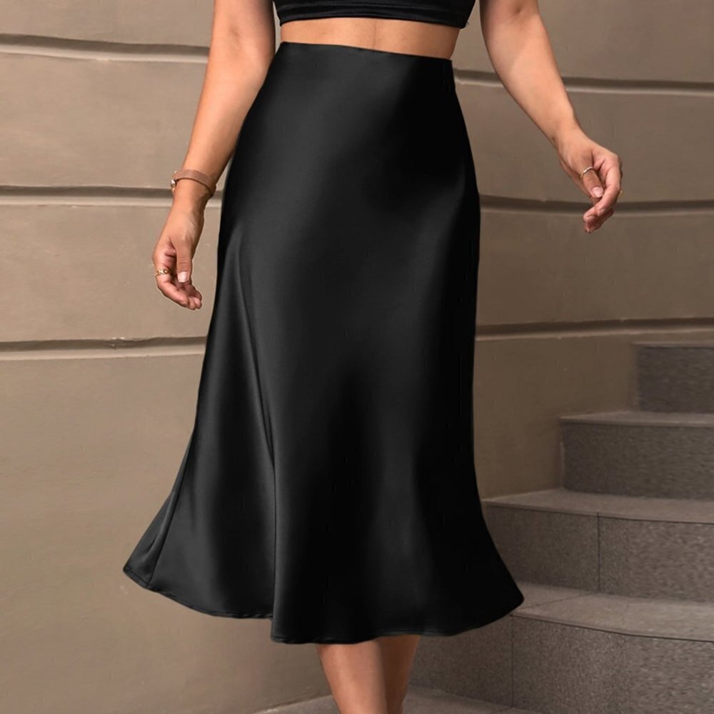 Black Preppy Womens High Waist Satin Skirt